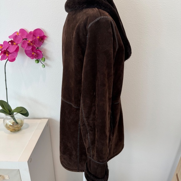 Marvin Richards Faux Suede Chocolate Brown Coat Size M Faux Fur Trim & Lining M - Picture 8 of 16